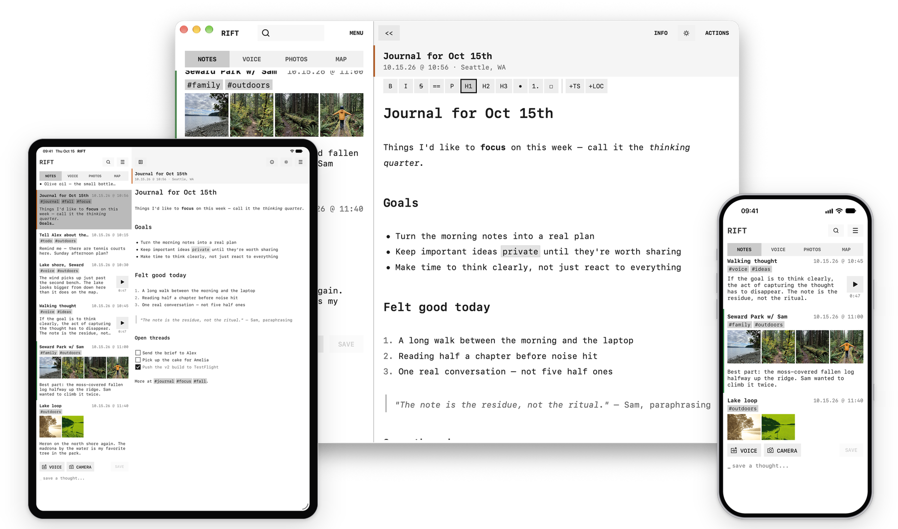 RIFT on a Mac, an iPad and an iPhone, showing the same notes