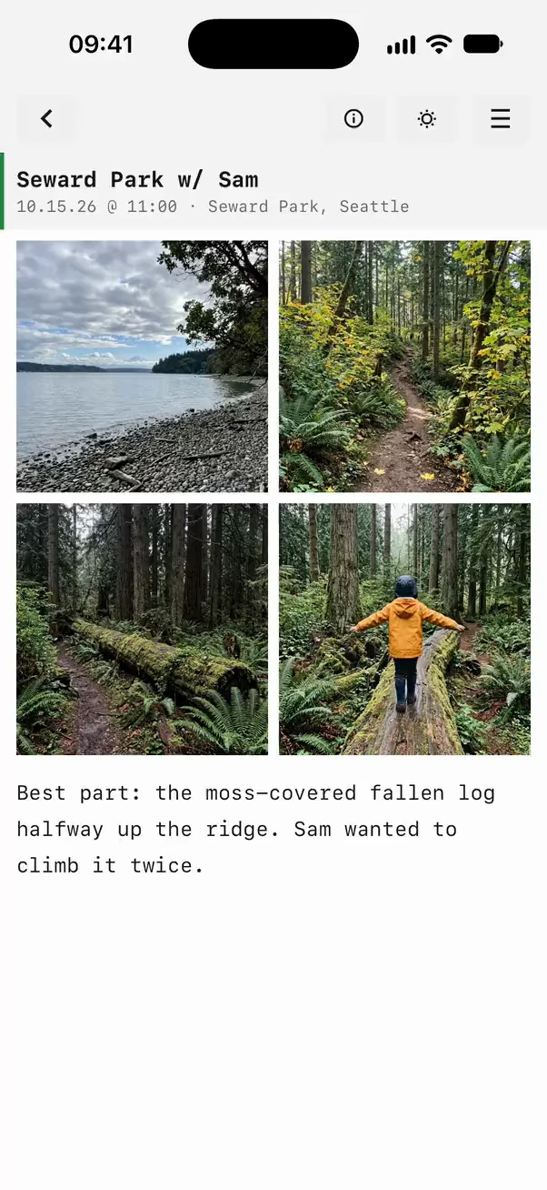 A note of park photos, then the camera trying looks live, taking a shot and changing its look afterward, then the photos shared as an instant print with a caption, the place and the date